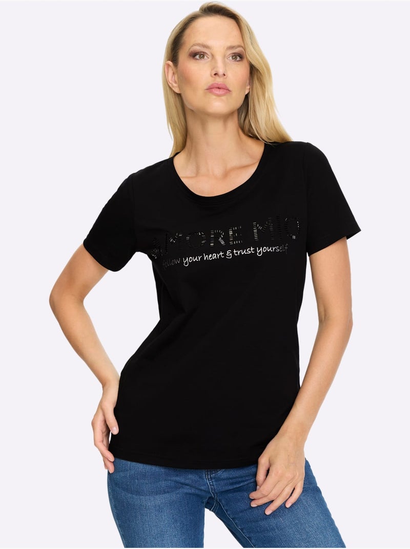 T-shirt à Manches Courtes Inscription Brillante - Taille Standard - Helline Noir - Kiabi