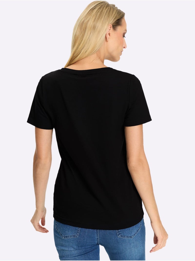 T-shirt à Manches Courtes Inscription Brillante - Taille Standard - Helline Noir - Kiabi