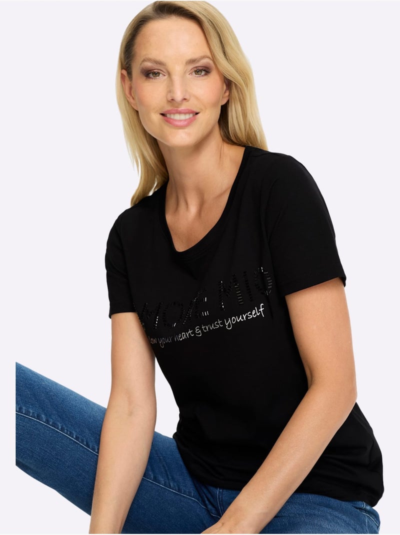 T-shirt à Manches Courtes Inscription Brillante - Taille Standard - Helline Noir - Kiabi