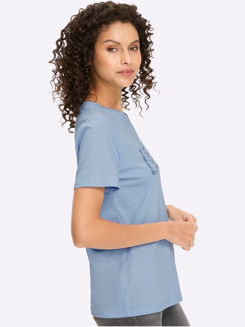 T-shirt à Manches Courtes Inscription Tendance - Taille Standard - Helline Bleu ciel - Kiabi