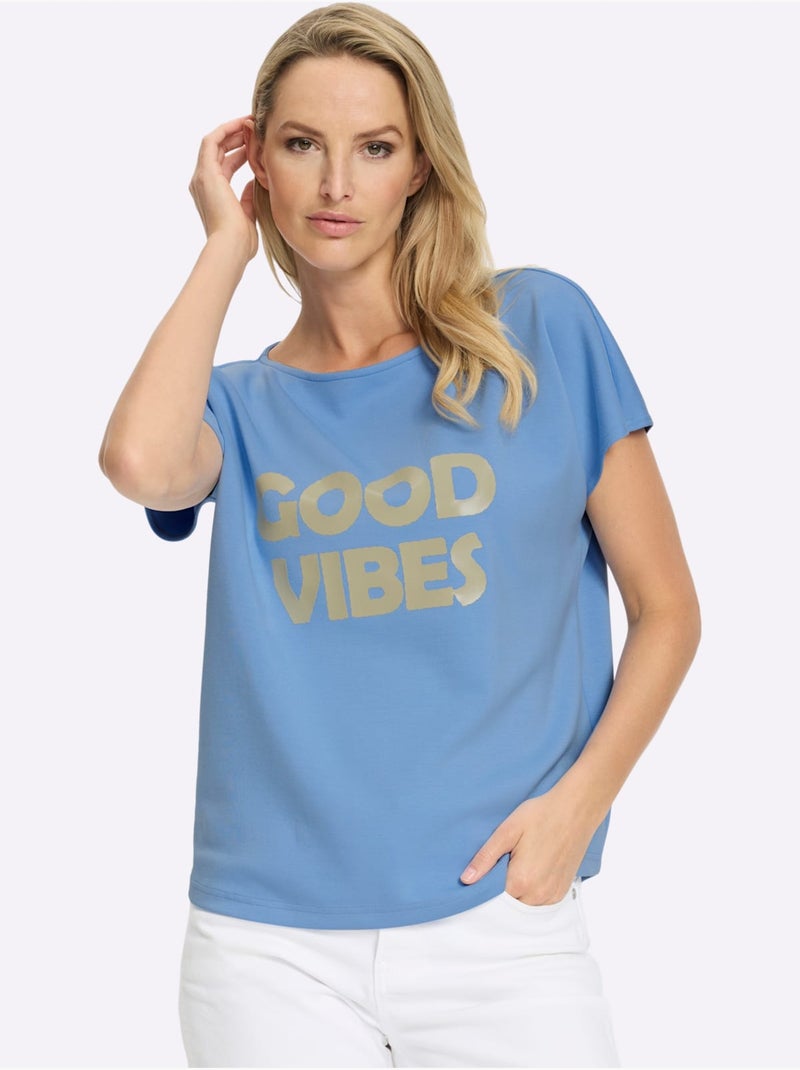 T-shirt à Manches Courtes Inscription Tendance - Taille Standard - Helline Bleu ciel - Kiabi