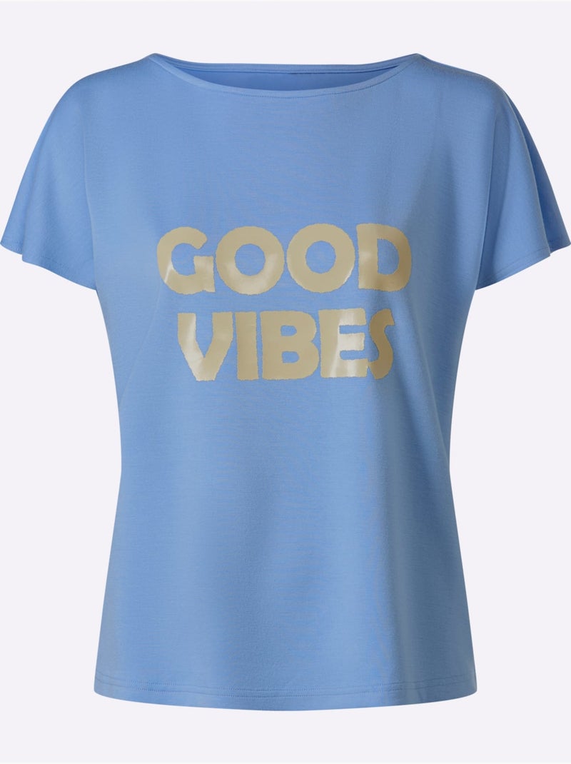T-shirt à Manches Courtes Inscription Tendance - Taille Standard - Helline Bleu ciel - Kiabi