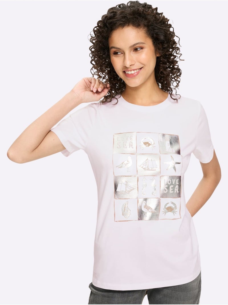 T-shirt à Manches Courtes Joli Imprimé Feuille Devant - Taille Standard - Helline Blanc - Kiabi