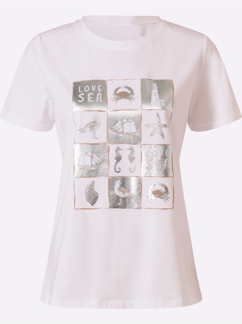 T-shirt à Manches Courtes Joli Imprimé Feuille Devant - Taille Standard - Helline Blanc - Kiabi