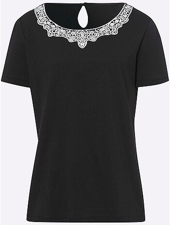 T-shirt à Manches Courtes Jolie Dentelle Sur L'encolure - Taille Standard - Helline