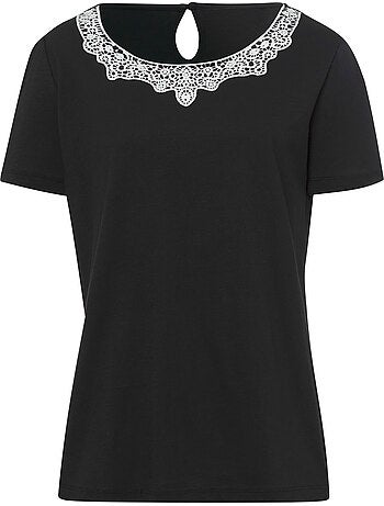 T-shirt à Manches Courtes Jolie Dentelle Sur L'encolure - Taille Standard - helline
