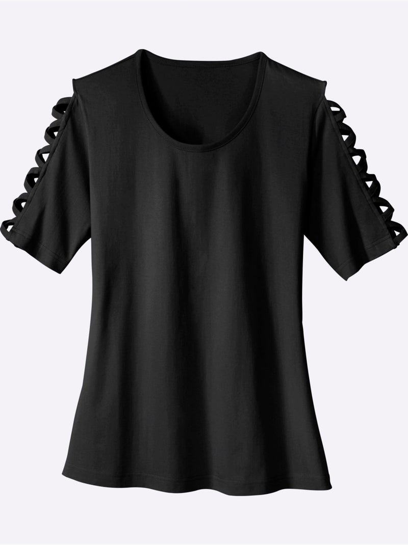 T-shirt à Manches Courtes Laçage Mode Aux Manches - Taille Standard - Moda Vilona Noir - Kiabi