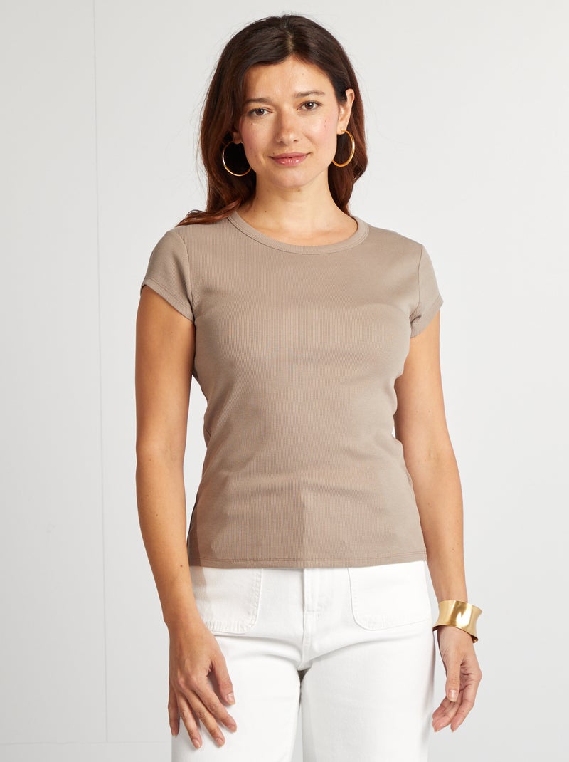 T-shirt à manches courtes maille côtelée BEIGE - Kiabi