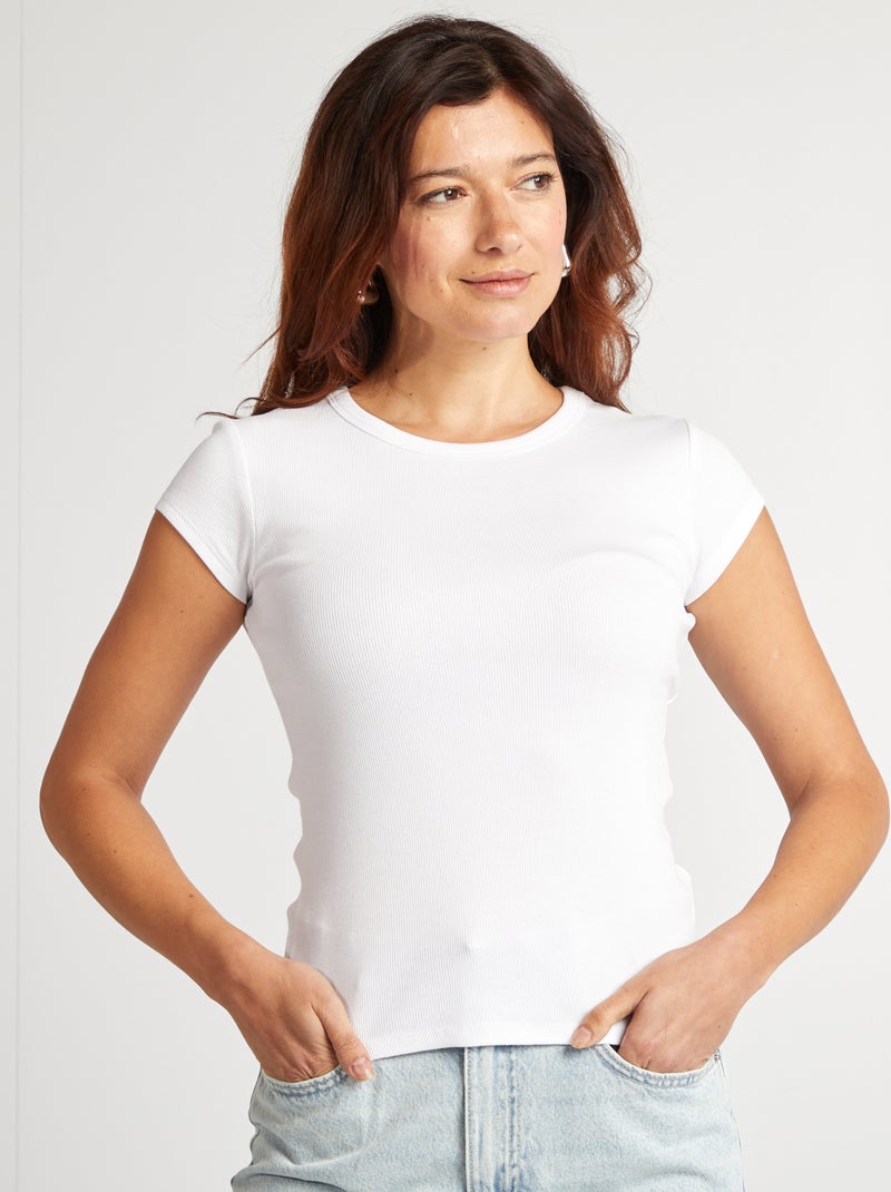 T-shirt à manches courtes maille côtelée blanc - Kiabi