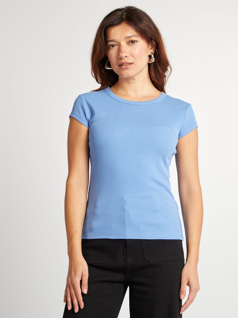 T-shirt à manches courtes maille côtelée BLEU - Kiabi