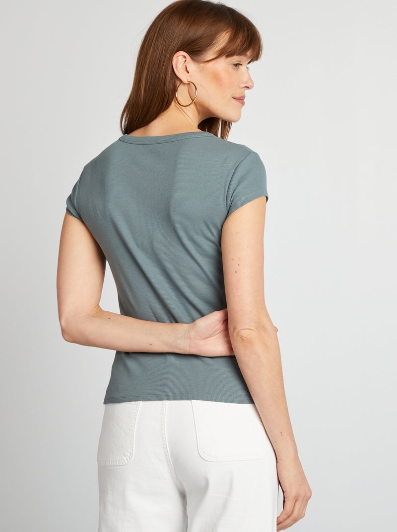 T-shirt à manches courtes maille côtelée Bleu gris - Kiabi
