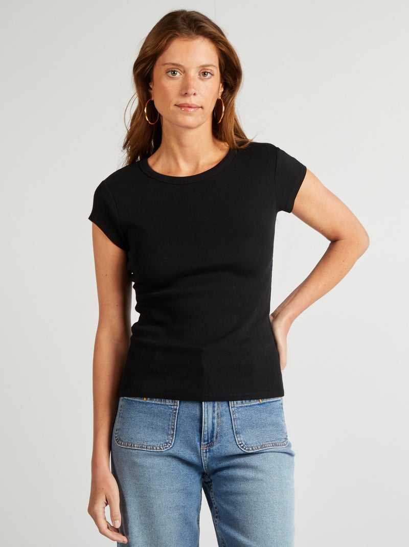 T-shirt à manches courtes maille côtelée noir - Kiabi