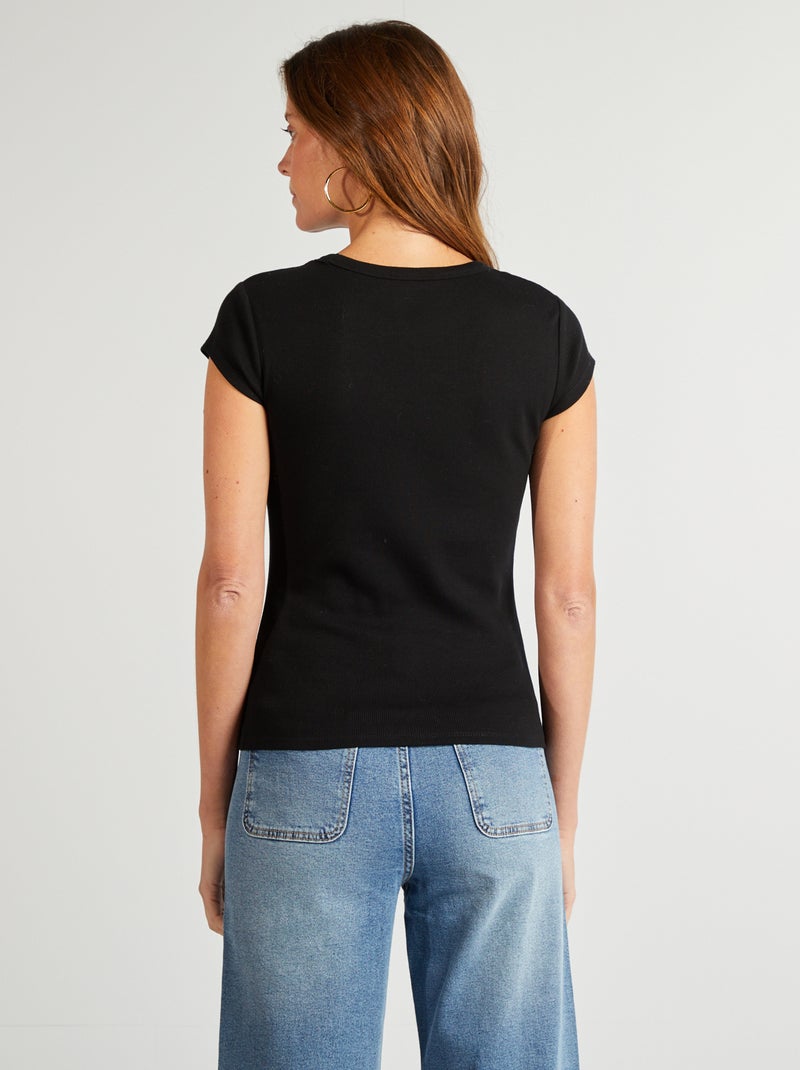 T-shirt à manches courtes maille côtelée noir - Kiabi
