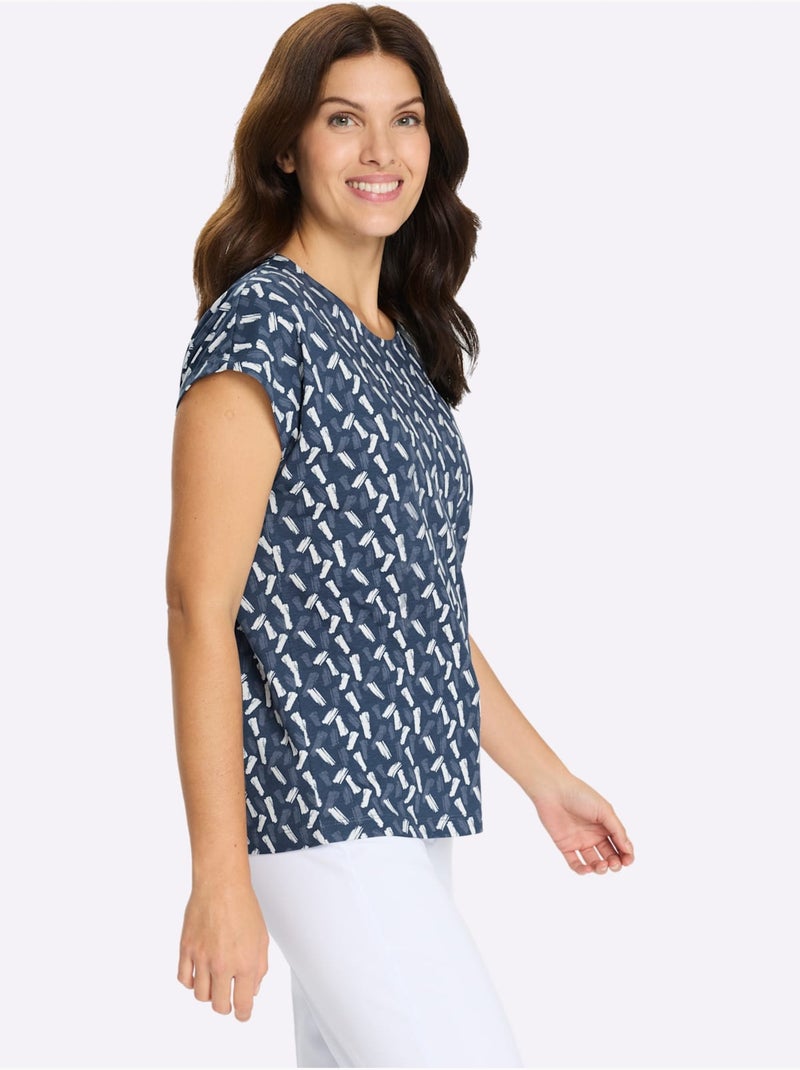 T-shirt à Manches Courtes Mancherons Tendance - Taille Standard - Moda Vilona Bleu Ecru - Kiabi