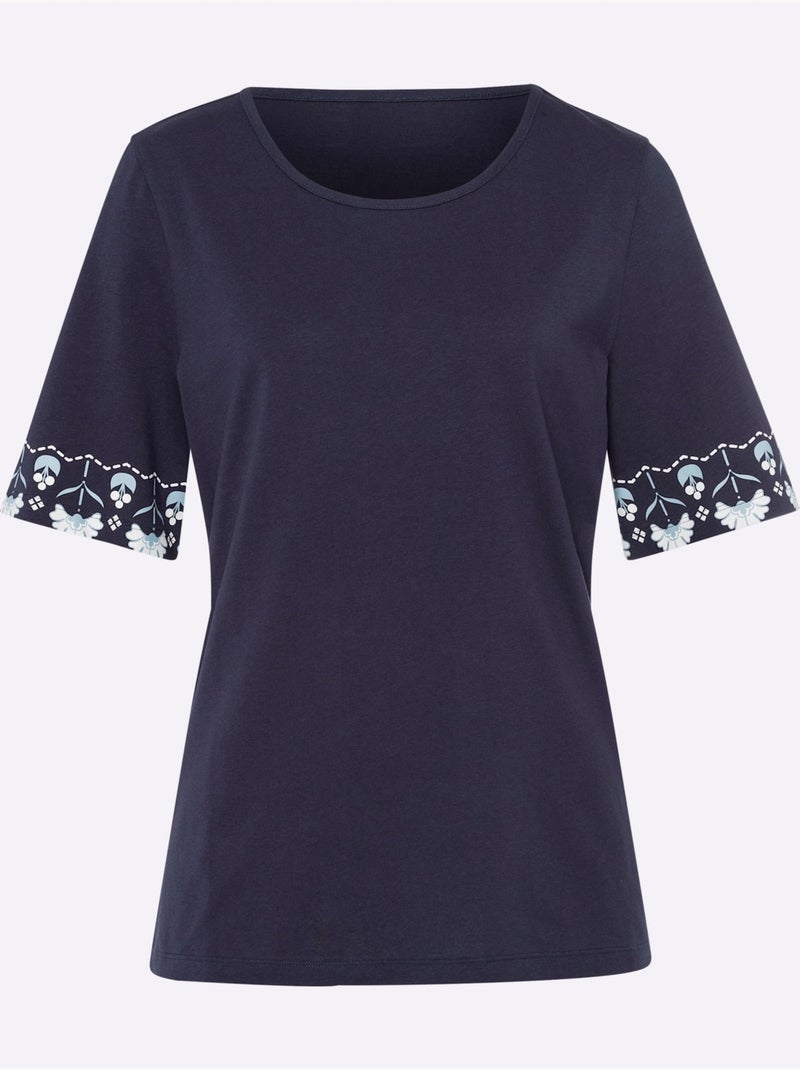 T-shirt à Manches Courtes Manches Courtes Légèrement élargies - Taille Standard - Moda Vilona Bleu Blanc - Kiabi