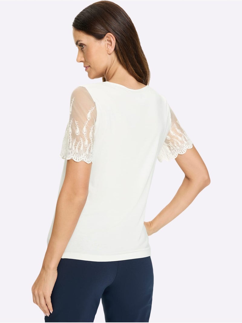 T-shirt à Manches Courtes Manches En Dentelle - Taille Standard - helline Ecru - Kiabi