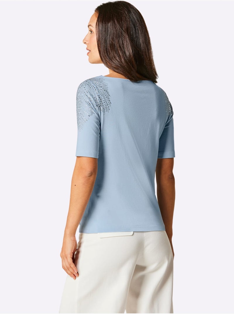T-shirt à Manches Courtes Mélange Coton Et Lyocell De Qualité - Taille Standard - Helline Bleu clair - Kiabi