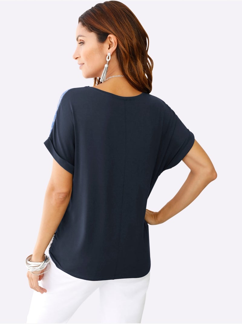 T-shirt à Manches Courtes Mélange De Matières Tendance - Taille Standard - Witt Bleu - Kiabi