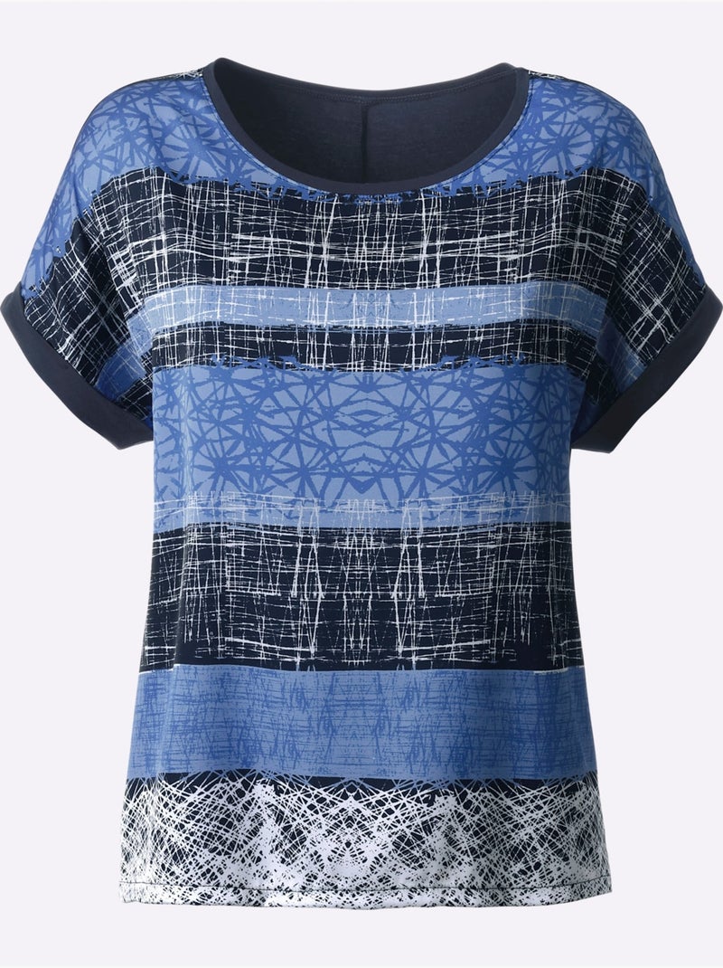 T-shirt à Manches Courtes Mélange De Matières Tendance - Taille Standard - Witt Bleu - Kiabi
