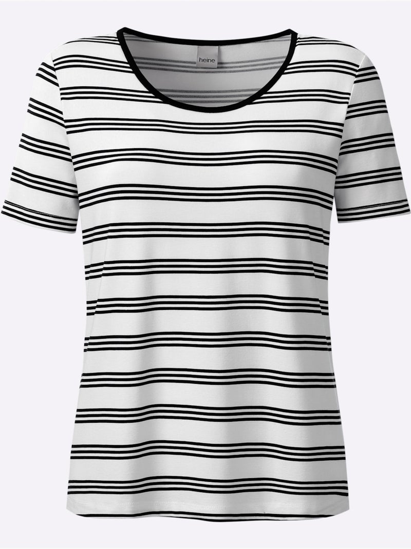 T-shirt à Manches Courtes Motif à Rayures Mode - Taille Standard - Helline Noir Ecru - Kiabi