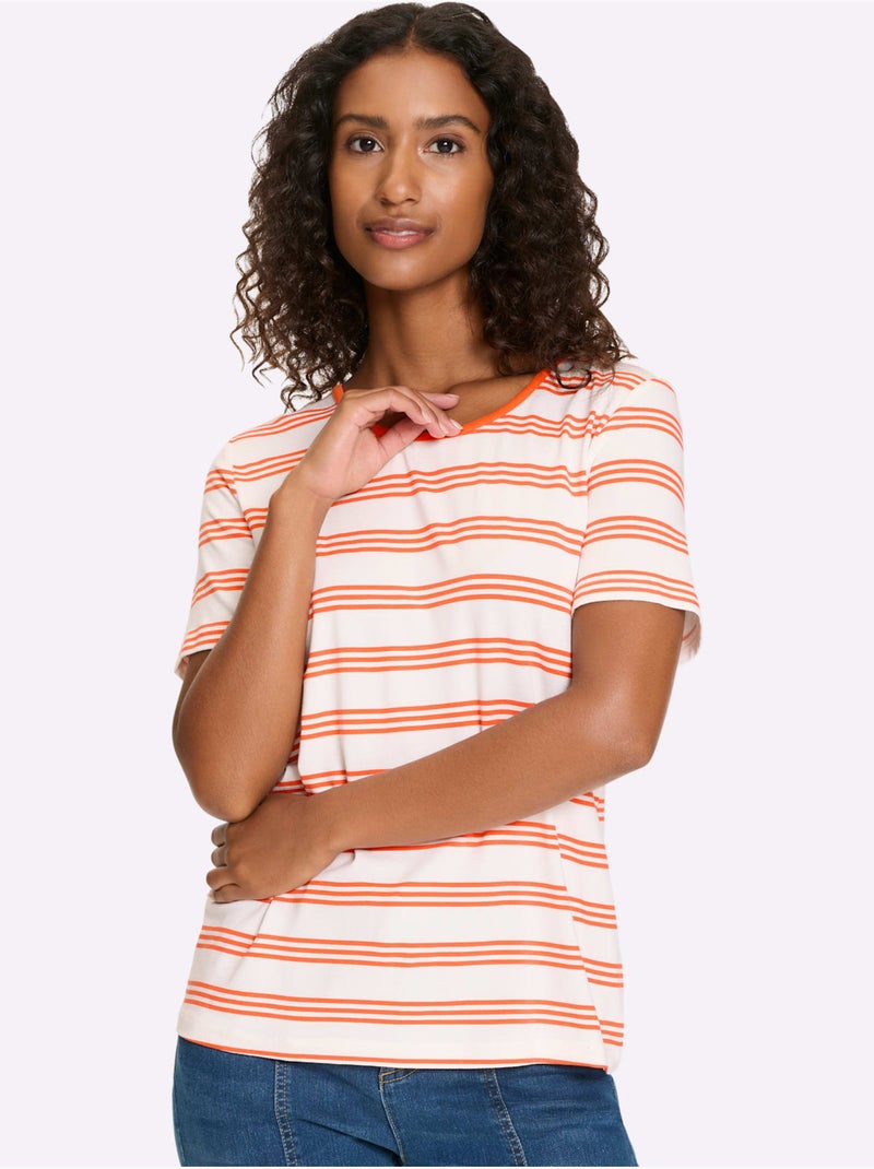 T-shirt à Manches Courtes Motif à Rayures Mode - Taille Standard - Helline Orange - Kiabi