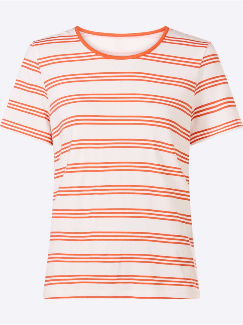 T-shirt à Manches Courtes Motif à Rayures Mode - Taille Standard - Helline Orange - Kiabi