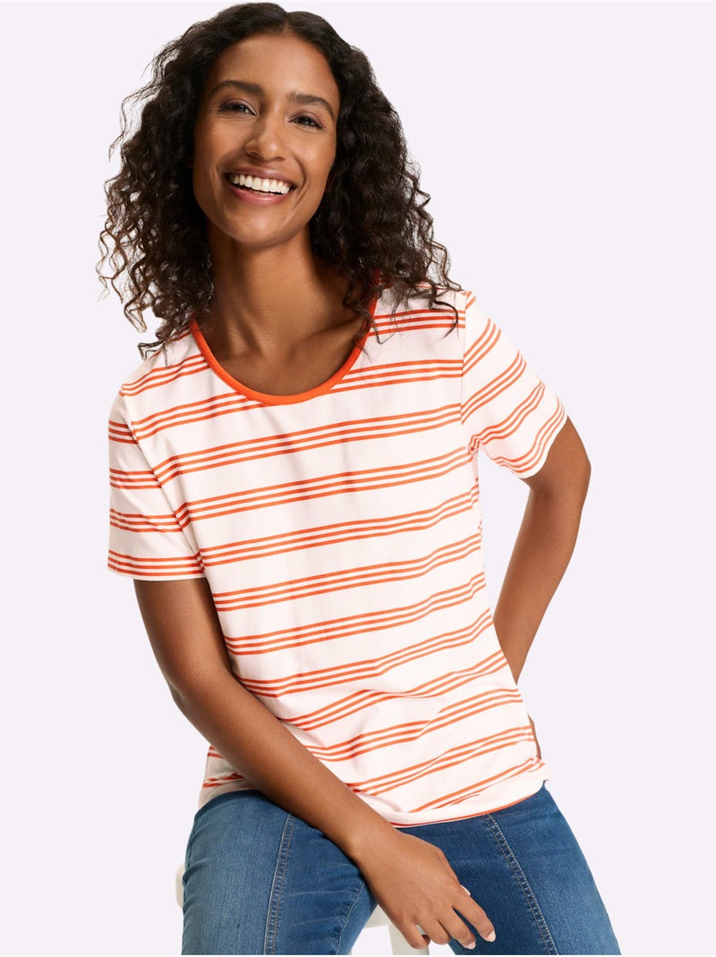T-shirt à Manches Courtes Motif à Rayures Mode - Taille Standard - Helline Orange - Kiabi