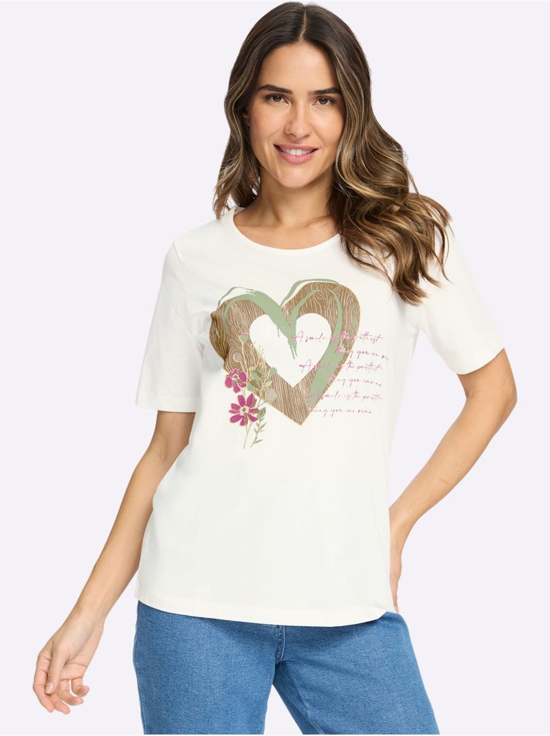 T-shirt à manches courtes motif cœur - taille standard - moda vilona Blanc Marron Gris - Kiabi
