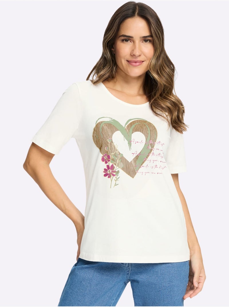 T-shirt à manches courtes motif cœur - taille standard - moda vilona Blanc Marron Gris - Kiabi