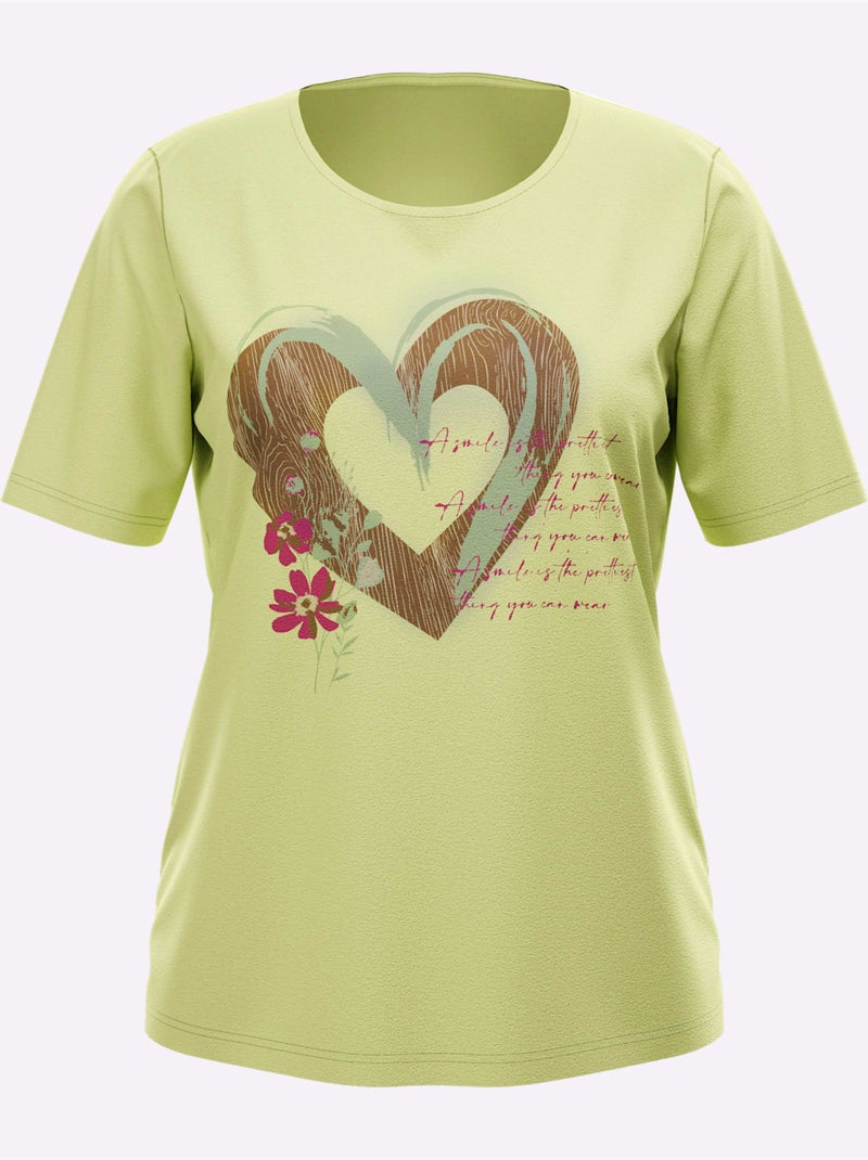 T-shirt à Manches Courtes Motif Cœur - Taille Standard - Moda Vilona Vert pistache - Kiabi