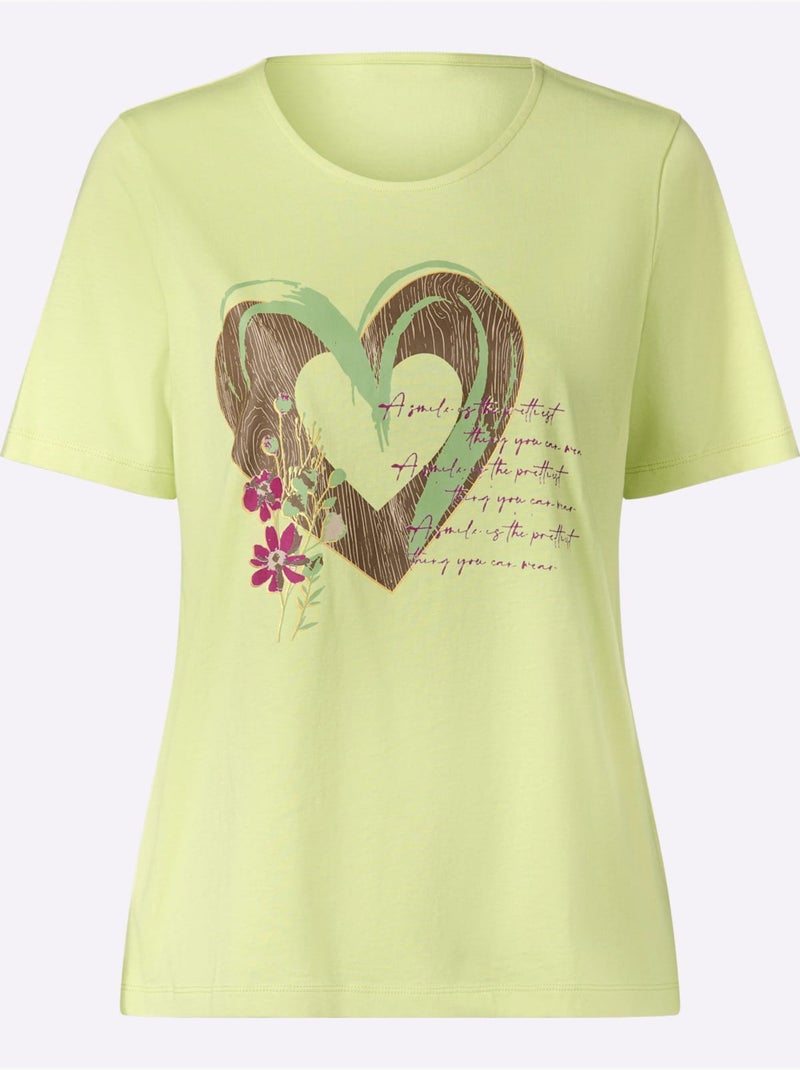 T-shirt à Manches Courtes Motif Cœur - Taille Standard - Moda Vilona Vert pistache - Kiabi