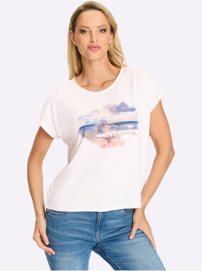 T-shirt à Manches Courtes Motif Imprimé - Taille Standard - Helline Blanc Bleu - Kiabi