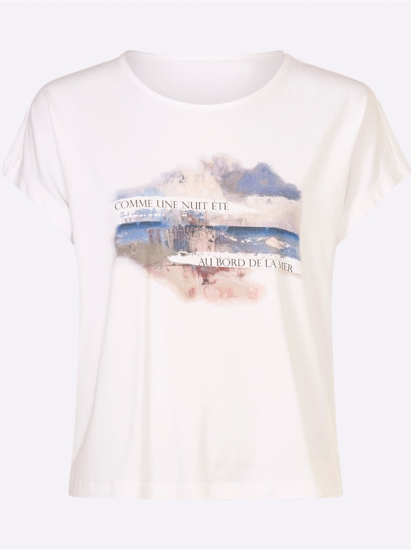 T-shirt à Manches Courtes Motif Imprimé - Taille Standard - Helline Blanc Bleu - Kiabi