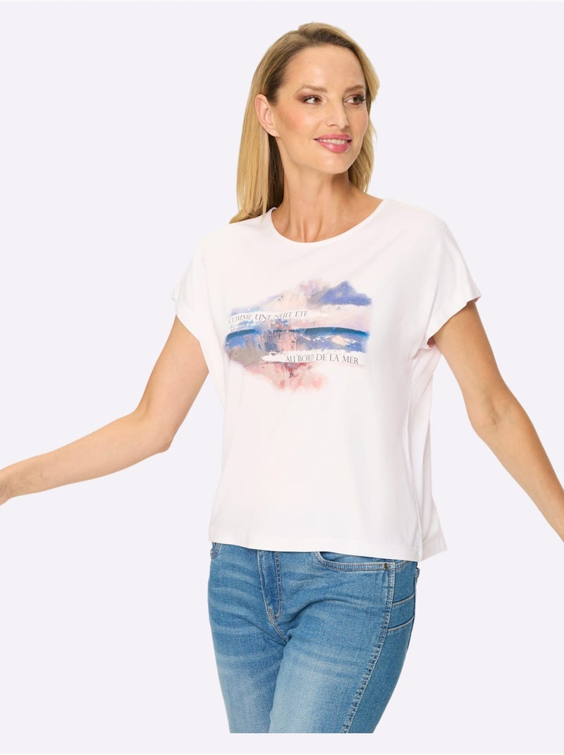 T-shirt à Manches Courtes Motif Imprimé - Taille Standard - Helline Blanc Bleu - Kiabi