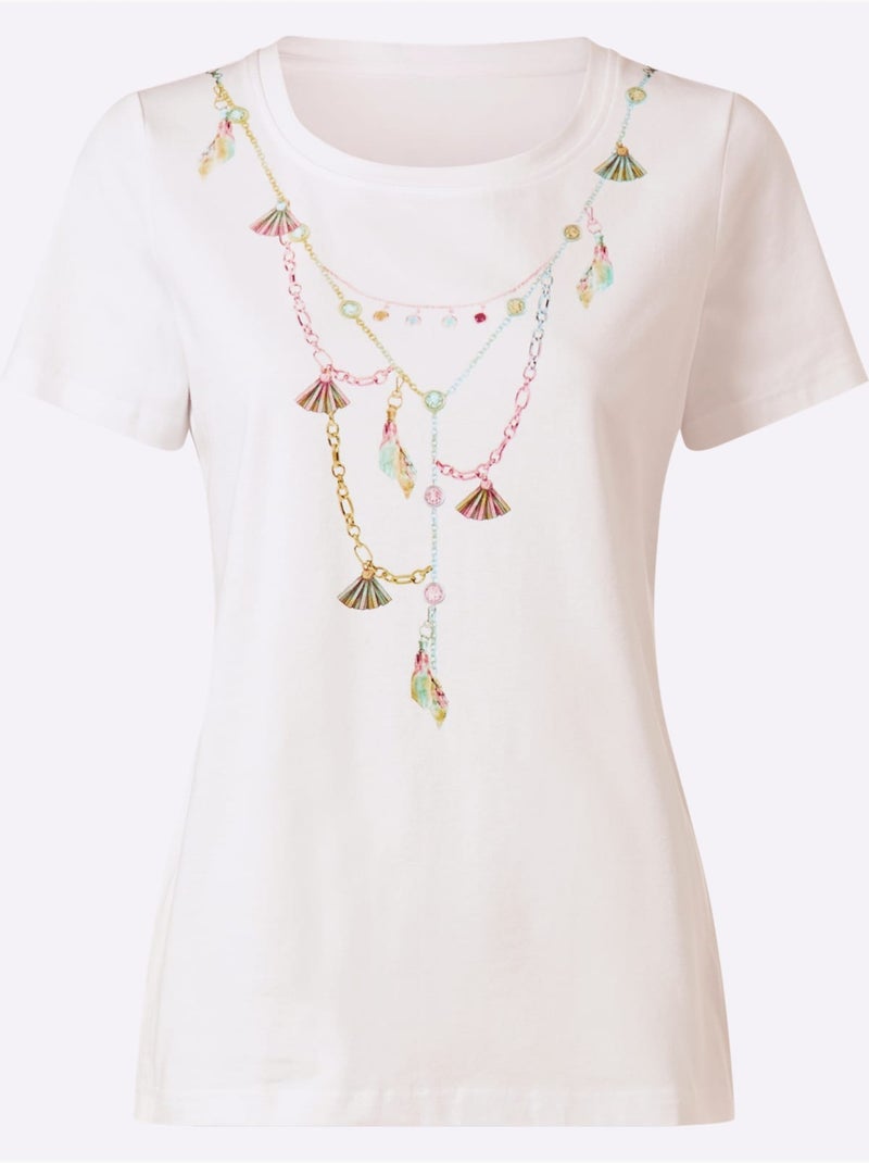T-shirt à Manches Courtes Motif Imprimé - Taille Standard - Helline Blanc - Kiabi