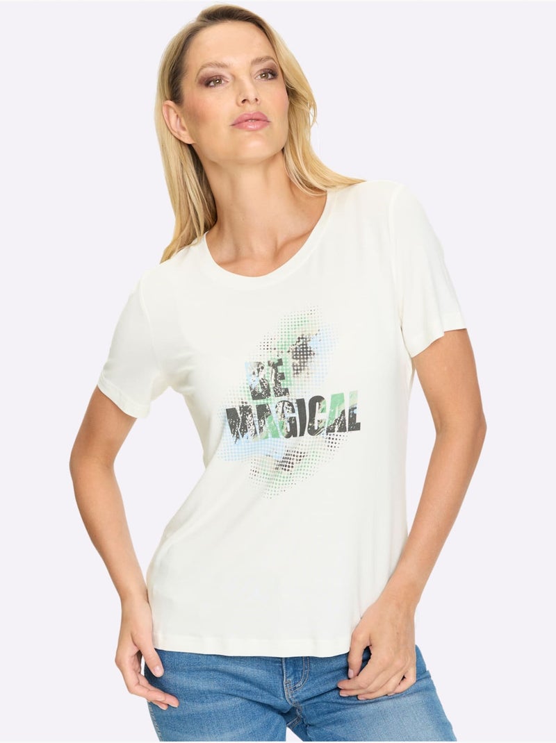 T-shirt à Manches Courtes Motif Imprimé - Taille Standard - Helline Ecru - Kiabi