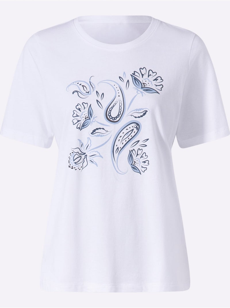T-shirt à Manches Courtes Motif Imprimé - Taille Standard - Witt Blanc Bleu - Kiabi