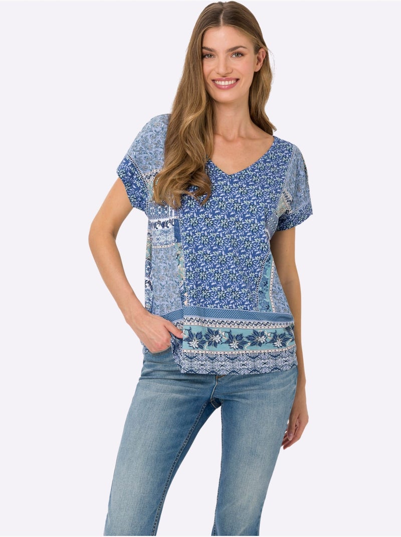 T-shirt à Manches Courtes Motif Patchwork - Taille Standard - Helline Bleu jean - Kiabi
