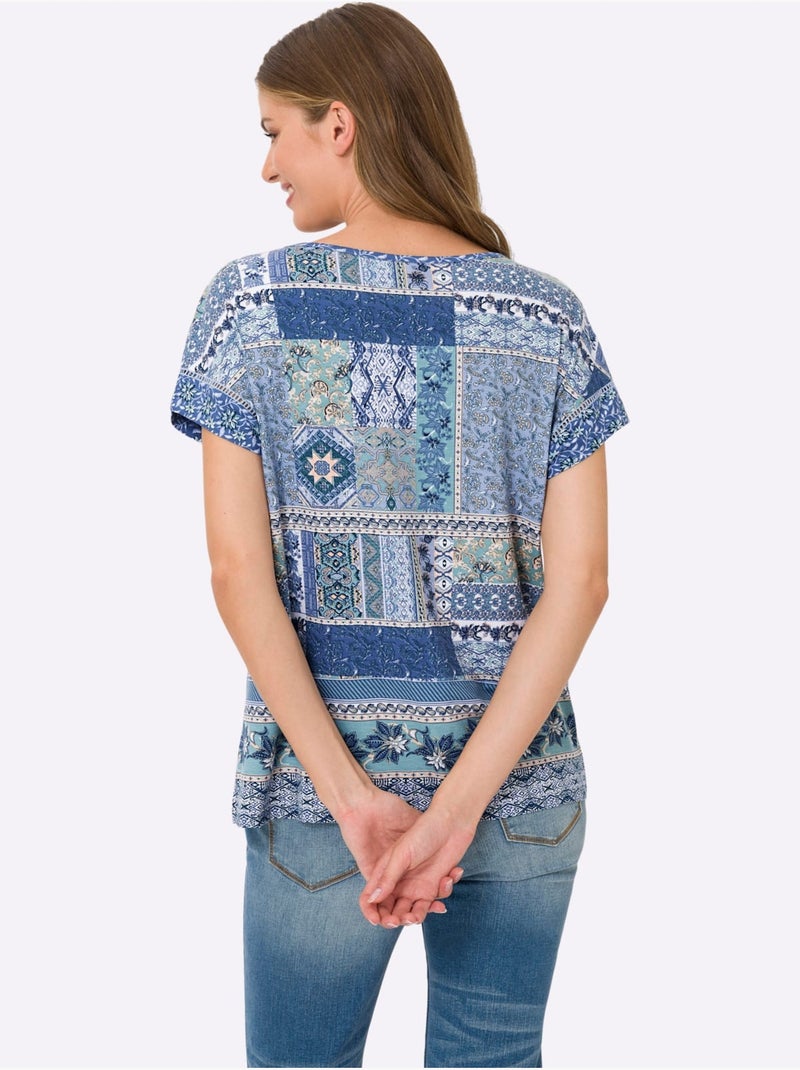 T-shirt à Manches Courtes Motif Patchwork - Taille Standard - Helline Bleu jean - Kiabi