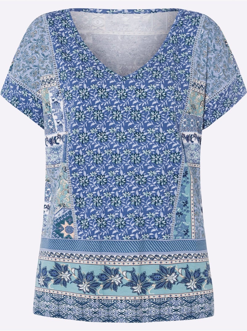 T-shirt à Manches Courtes Motif Patchwork - Taille Standard - Helline Bleu jean - Kiabi
