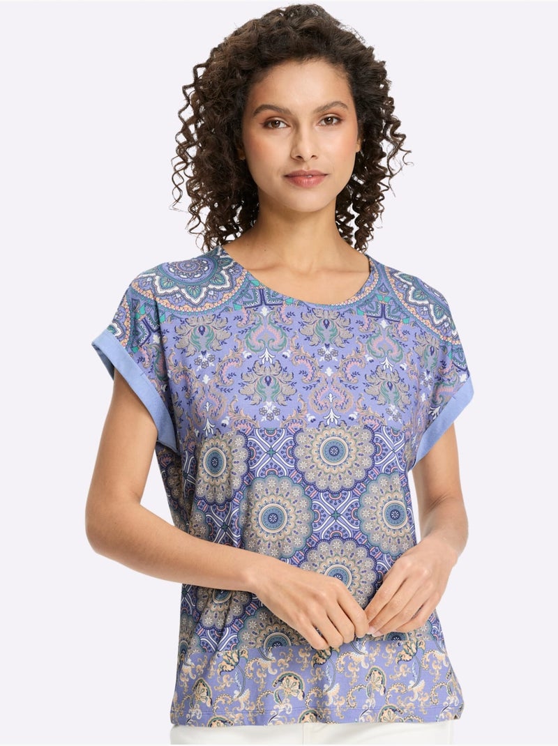 T-shirt à Manches Courtes Motif Patchwork - Taille Standard - Helline Bleu - Kiabi