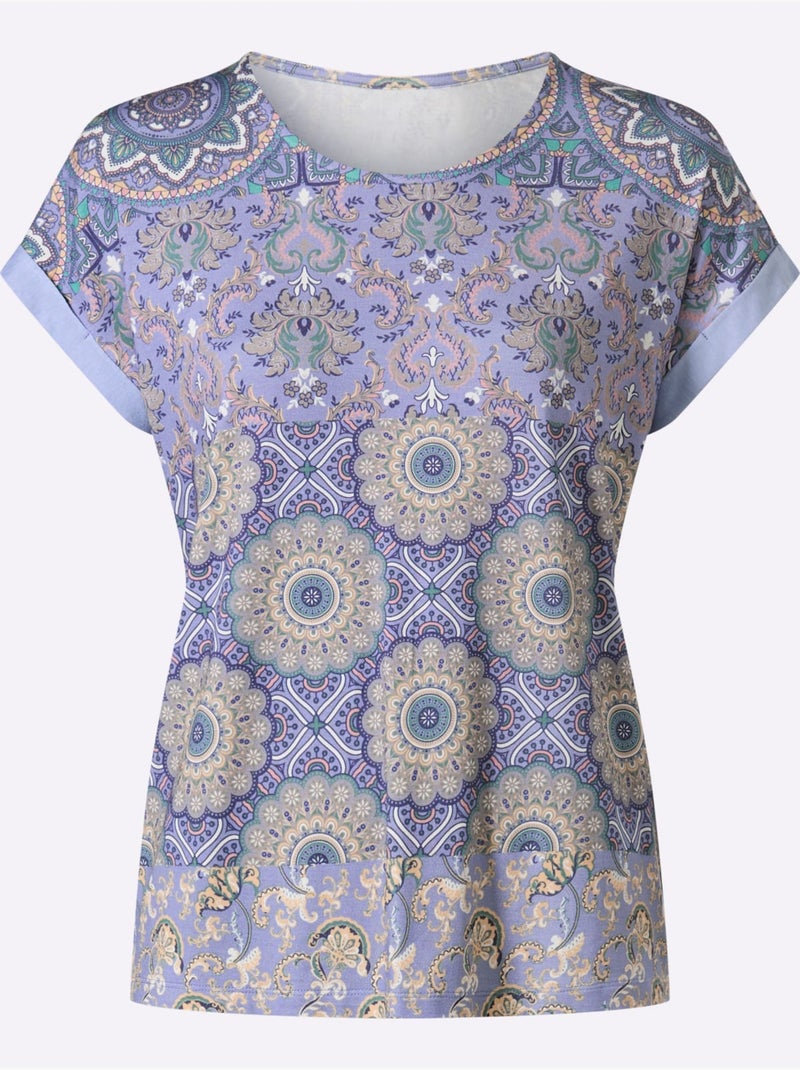 T-shirt à Manches Courtes Motif Patchwork - Taille Standard - Helline Bleu - Kiabi