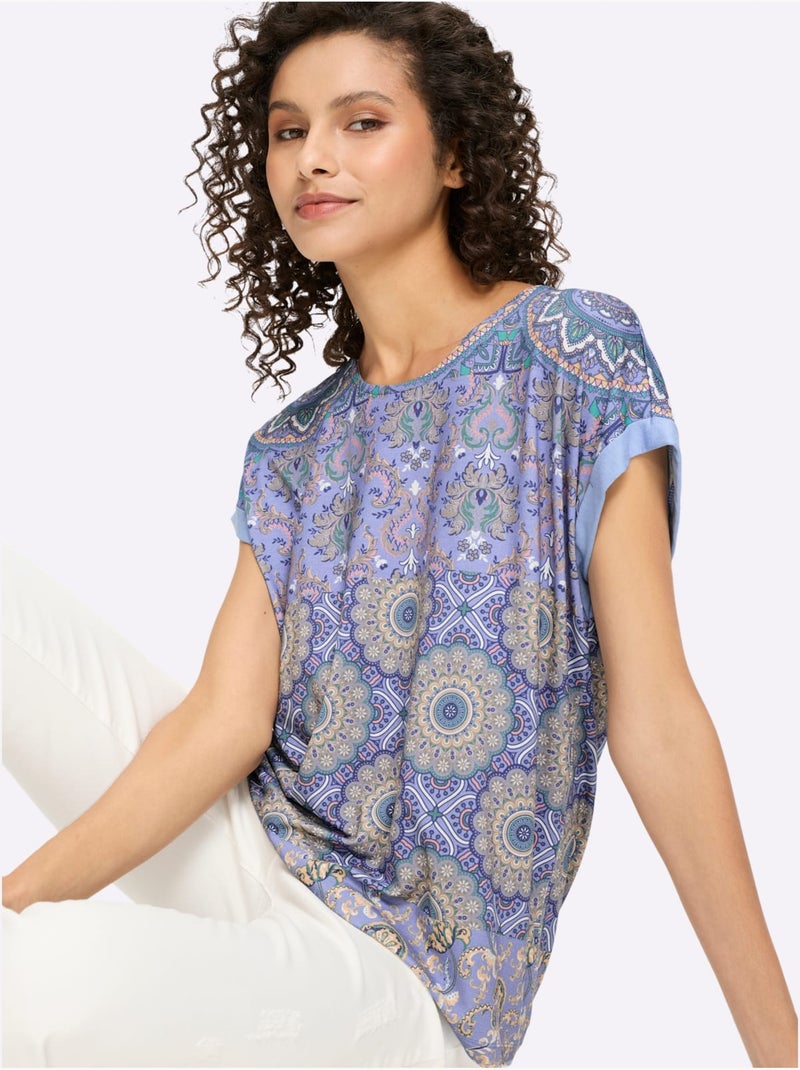 T-shirt à Manches Courtes Motif Patchwork - Taille Standard - Helline Bleu - Kiabi