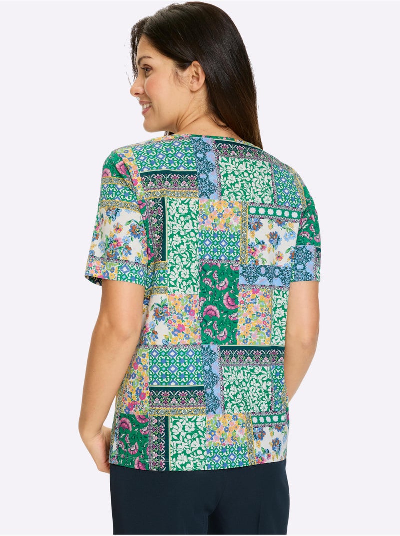 T-shirt à Manches Courtes Motif Patchwork Moderne - Taille Standard - Moda Vilona Beige/Vert - Kiabi