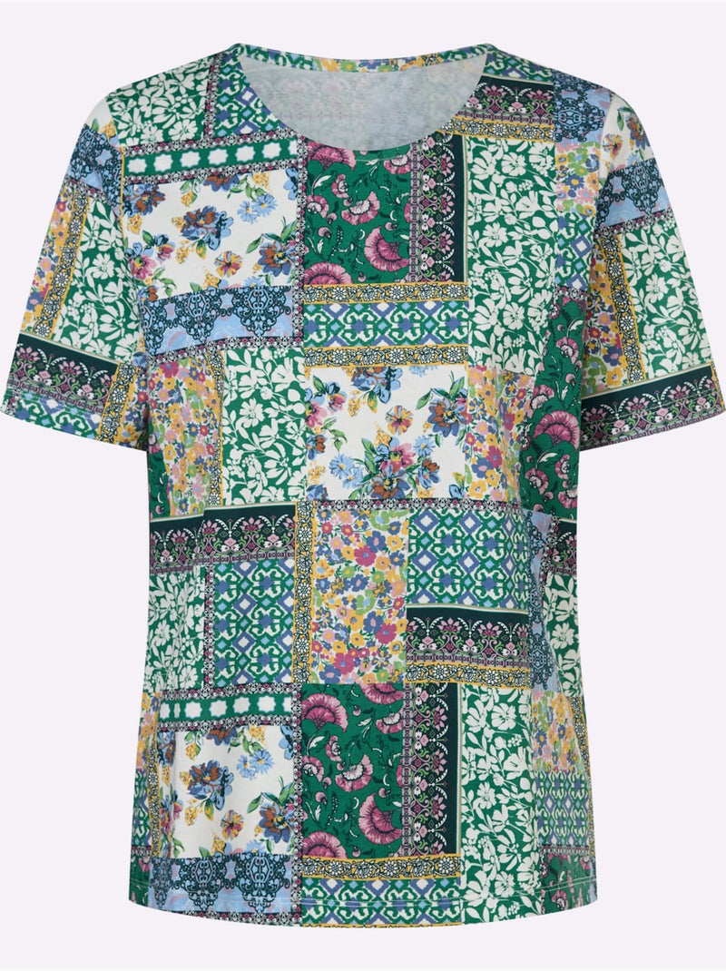 T-shirt à Manches Courtes Motif Patchwork Moderne - Taille Standard - Moda Vilona Beige/Vert - Kiabi