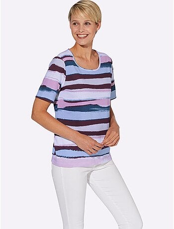 T-shirt à Manches Courtes Motif Rayé, Coloris Harmonieux - Taille Standard - Moda Vilona