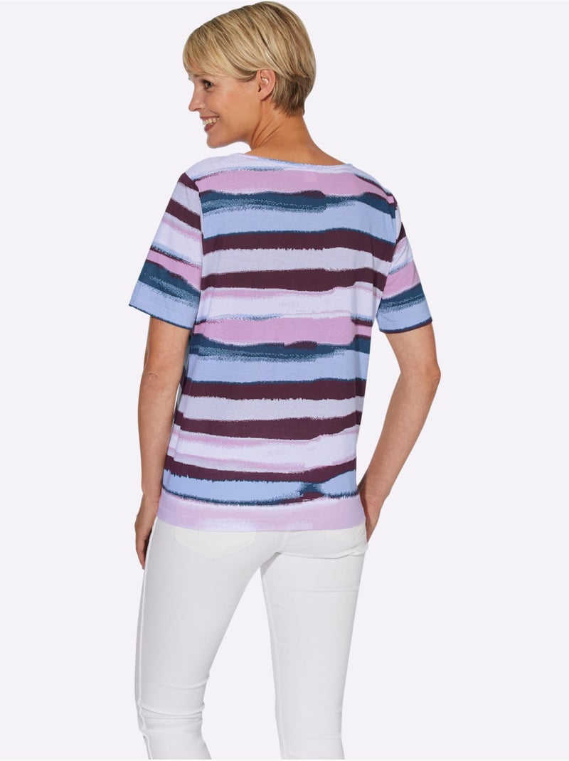 T-shirt à Manches Courtes Motif Rayé, Coloris Harmonieux - Taille Standard - Moda Vilona Bleu Rose - Kiabi