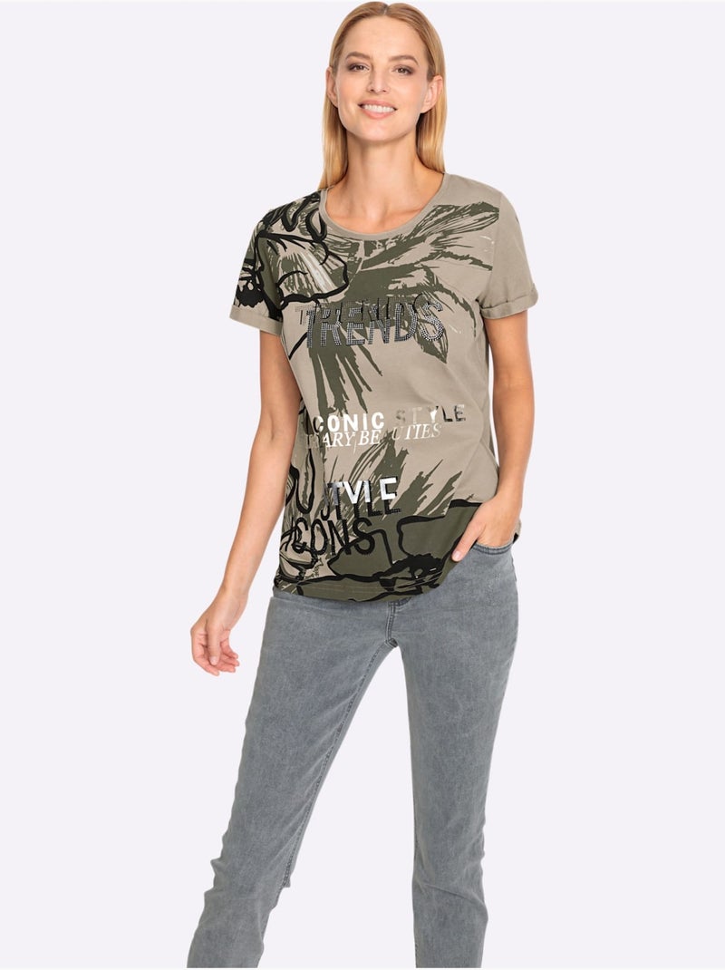 T-shirt à Manches Courtes Motifs Floraux - Taille Standard - Helline Beige - Kiabi