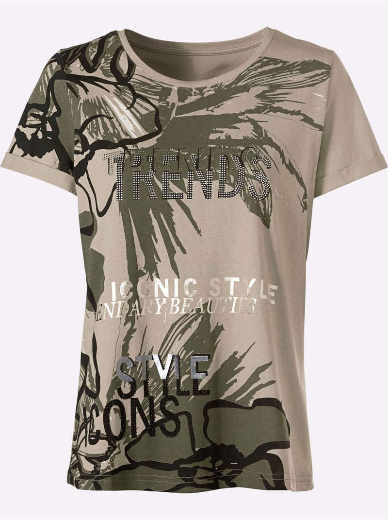 T-shirt à Manches Courtes Motifs Floraux - Taille Standard - Helline Beige - Kiabi