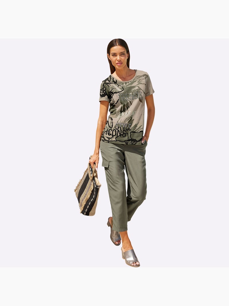 T-shirt à Manches Courtes Motifs Floraux - Taille Standard - Helline Beige - Kiabi